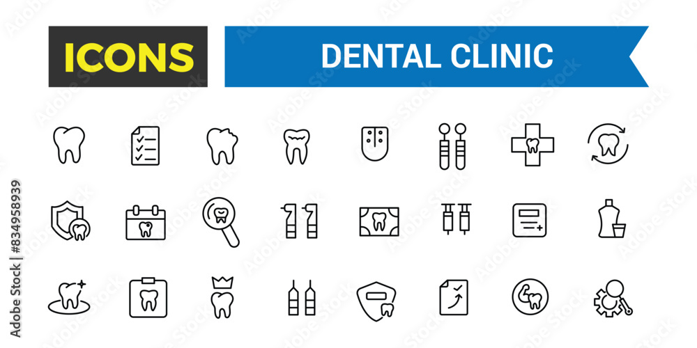 Dental clinic icon set. Outline icons pack. Editable vector icon and illustration.