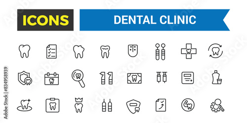 Dental clinic icon set. Outline icons pack. Editable vector icon and illustration.