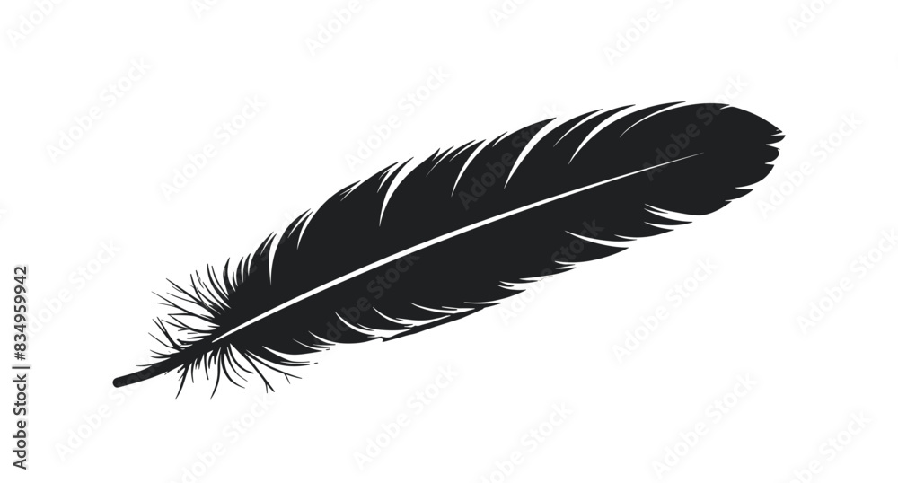 A single black feather silhouette, showcasing its intricate details on a white background. Flat vector illustration. A single black feather silhouette, showcasing its intricate details on a white background. Flat vector illustration.