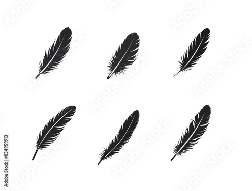 A set of six black feather icons, each with a unique design, isolated on white background. Flat vector illustration.