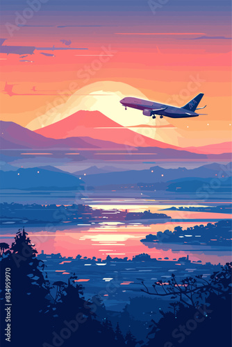An airplane taking off at sunrise with a colorful sky and mountains in the distance. Flat vector illustration.