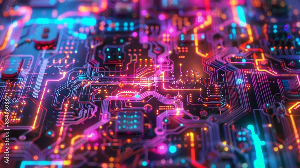 Fototapeta premium Close-up of a colorful, illuminated circuit board showcasing intricate electronic components and pathways, representing modern technology.