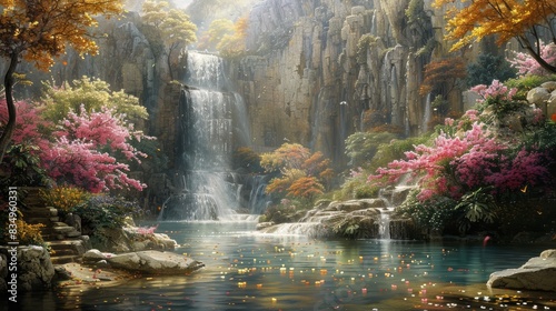 The image is a beautiful landscape of a waterfall in a forest