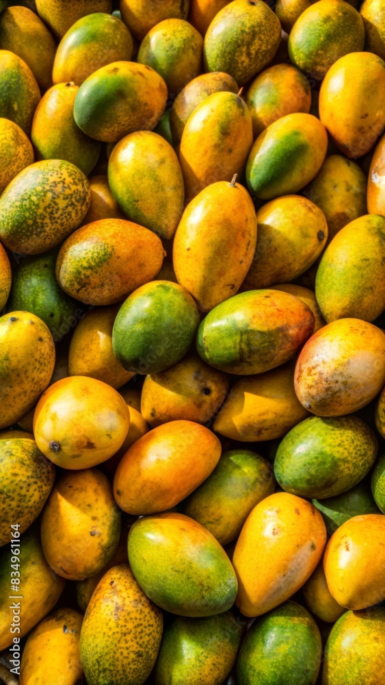 A pile of fresh mangoes on display at the market, arranged in rows with vibrant colors and textures, creating an attractive background for product photography. A pile of fresh mangoes on display at the market, arranged in rows with vibrant colors and textures, creating an attractive background for product photography.