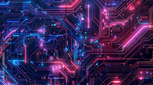 Futuristic circuit board design with vibrant neon lights and intricate patterns, displaying advanced digital technology and innovation.