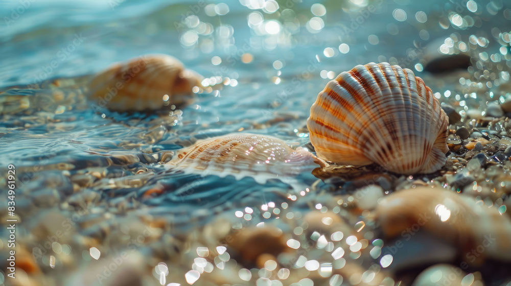 Assorted Seashells on the Coastline with Gentle Waves Assorted Seashells on the Coastline with Gentle Waves