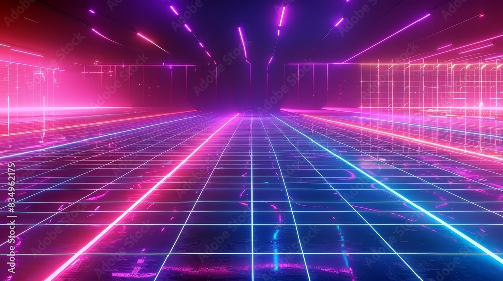 Futuristic neon lights in a retro wave grid background. Vibrant and glowing lines creating a digital, virtual, and sci-fi atmosphere. Futuristic neon lights in a retro wave grid background. Vibrant and glowing lines creating a digital, virtual, and sci-fi atmosphere.