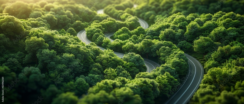 Aerial view of sustainable energy routes, green pathways, lush forest, winding road, Earth's roadmap