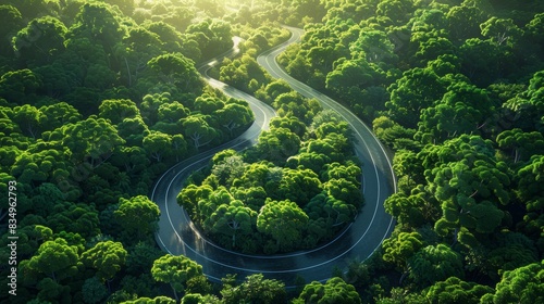 Aerial view of sustainable routes  green energy pathways  lush forest  winding road  Earth s roadmap