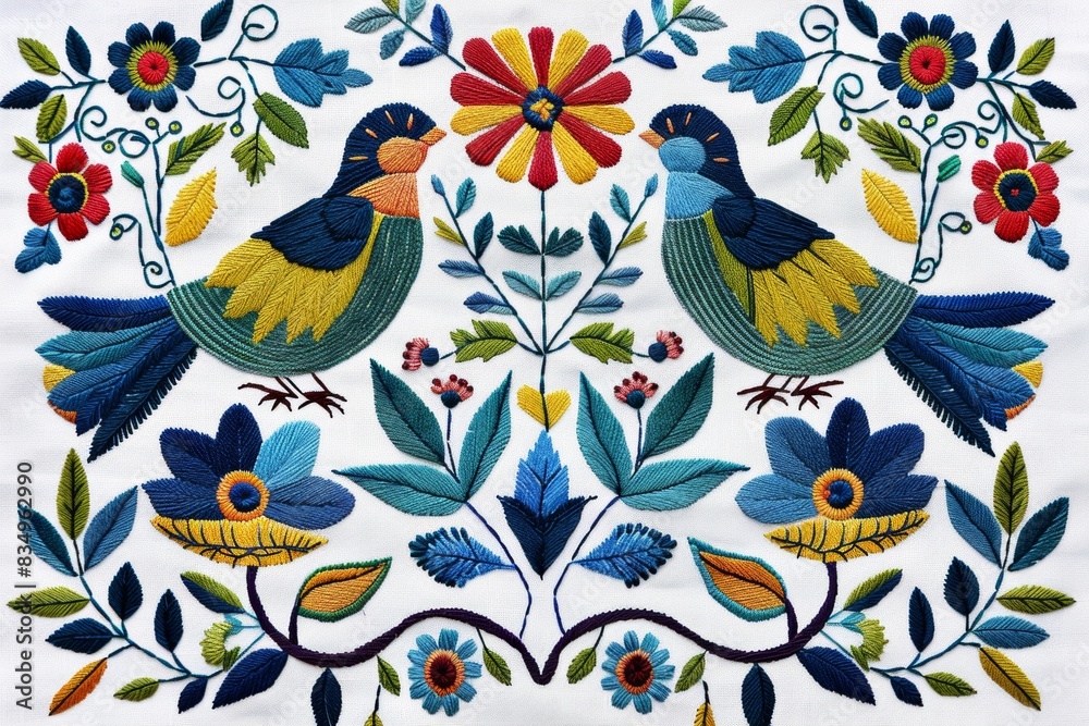 Naklejka premium Colorful Scandinavian folk embroidery design featuring two birds, vibrant flowers, and intricate leaves