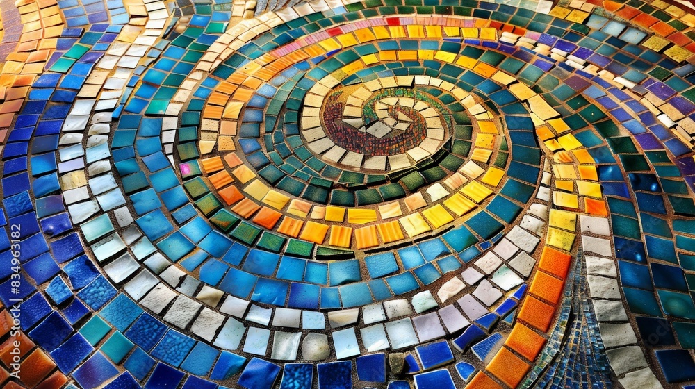 Fototapeta premium Colorful mosaic floor tiles in a spiral pattern.