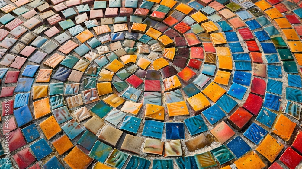 Fototapeta premium Colorful mosaic floor tiles in a spiral pattern.