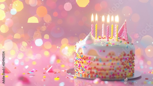 Colorful birthday cake with candles on a pink background.
