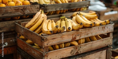 Wooden box with fresh and ripe bananas on fruit market