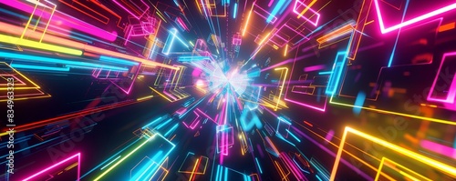 Vibrant neon lights and geometric shapes create a dynamic, futuristic background with an explosion of colors, perfect for tech themes and designs.