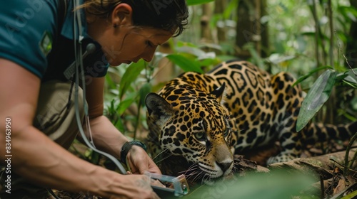 Scientist examining a tranquilized jaguar in the wild. photo