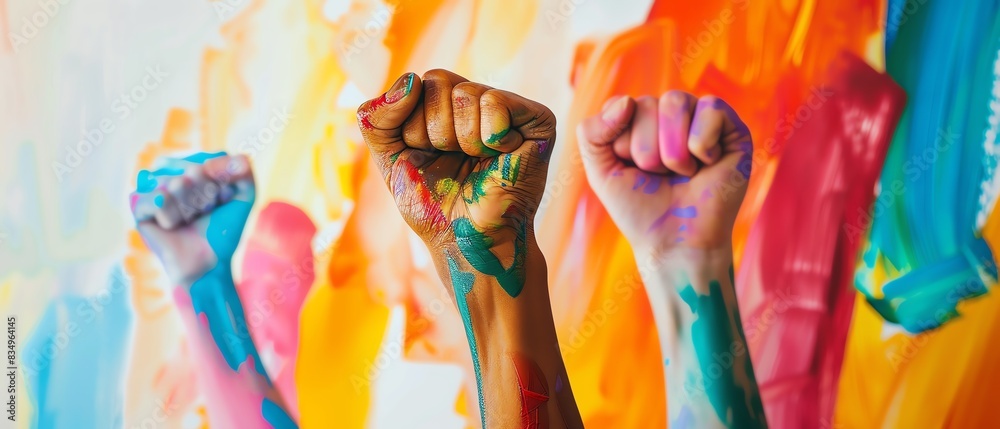 Obraz premium Three painted fists raised in unity against a colorful abstract background.