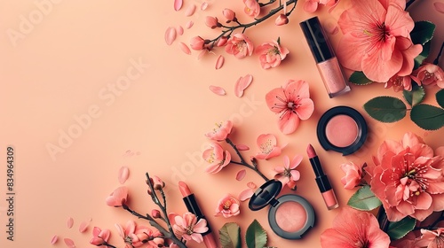 A banner-ready long web format designed for fashion and beauty blogging. Top-view composition of makeup products 