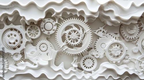 The image is a close-up of a white mechanical gear train. photo