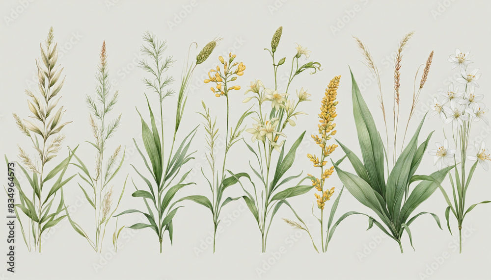 Fototapeta premium Generative AI creates a botanical collection of vector plant elements with transparent backgrounds, perfect for graphic design layouts