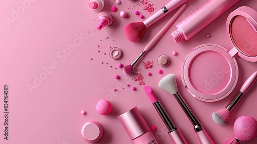 3D beauty fashion banner template designed with makeup cosmetic tools. Minimal pink pastel background