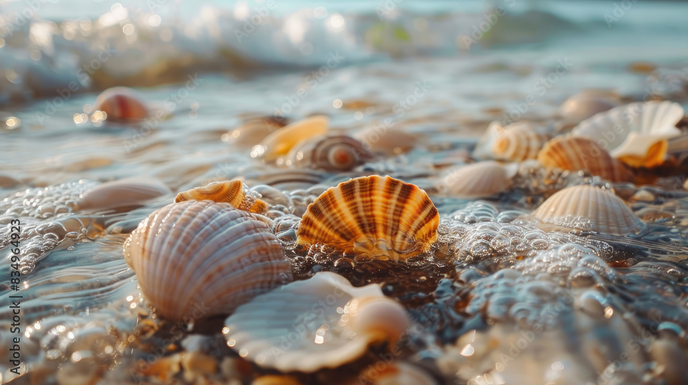 Assorted Seashells on the Coastline with Gentle Waves Assorted Seashells on the Coastline with Gentle Waves