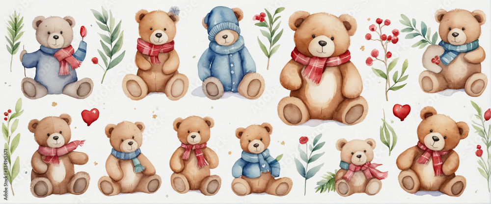 Fototapeta premium Collection of festive watercolor Teddy bear characters perfect for holiday greeting cards, invitations, and Christmas decorations
