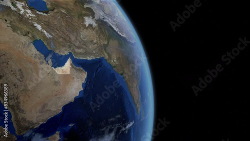 Fly Zoom into UAE, United Arab Emirates, Abu Dhabi, Dubai, Middle East, through space to see the country map region from above from space. Detailed map Showing area, HD and 4K. Animation.