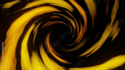 Glowing orange and yellow swirling vortex tornado on black background. 3D rendering as endless looping animated motion graphics for social media posts and movie clips