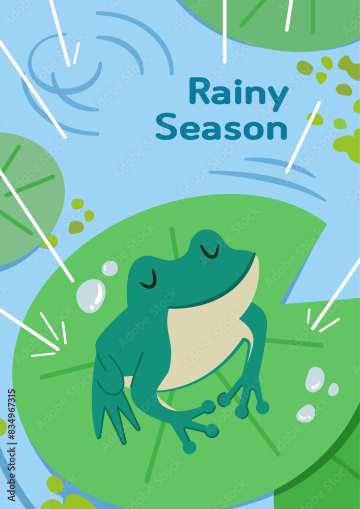 Fototapeta premium Rainy season illustration poster. A frog is enjoying rain drops on a lotus leaf. Cartoon style vector template. 