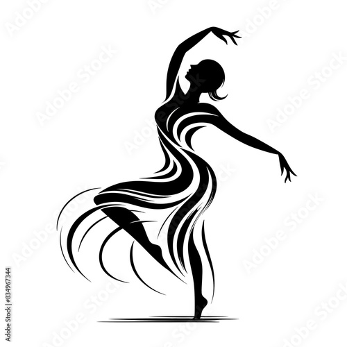 A black and white silhouette of dancing woman, minimalist stroke lines, vector-style