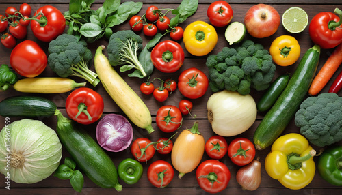 Fresh and organic fruits and vegetables for a healthy diet displayed on a wooden table in a rustic garden setting