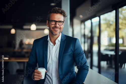  A handsome businessman wearing glasses and holding a coffee cup while standing in the office, smiling at the camera. photo