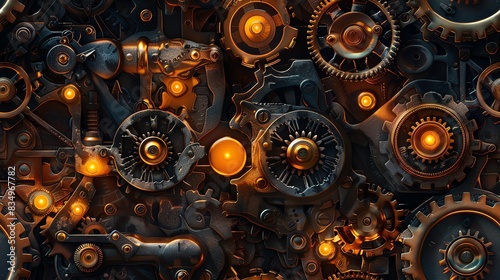 Worm's-eye view, steampunk gears, brass, warm glow, intricate mechanics, hyper detailed