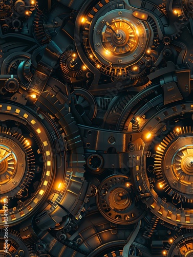 Steampunk mechanics  worm s-eye view  brass gears  warm illumination  hyper detailed