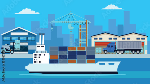 Cargo ship, container crane, truck. port logistics. River ocean sea freight shipping by water. crane unloads cargo ship. container truck. Background with blue sky clouds and cityscape.