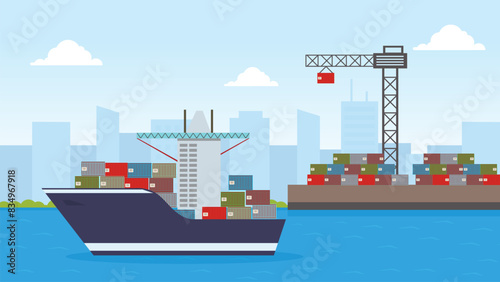 Flat cargo ship in docks. Harbor crane of shipping port loading containers to marine freight boat vector illustration. Flat cargo ship in docks. Harbor crane of shipping port.