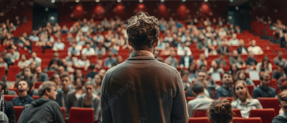 A psychologist delivering a lecture on mental health to a large audience selective focus, education theme, whimsical, fusion, lecture hall backdrop A psychologist delivering a lecture on mental health to a large audience selective focus, education theme, whimsical, fusion, lecture hall backdrop