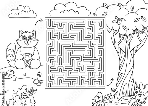 Children's maze coloring book. Raccoon with mug and tree in forest line illustration. Puzzle.