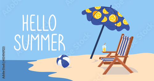 Colorful Summer background banners. Horizontal poster Parasol, beach lounger and inflatable ball.