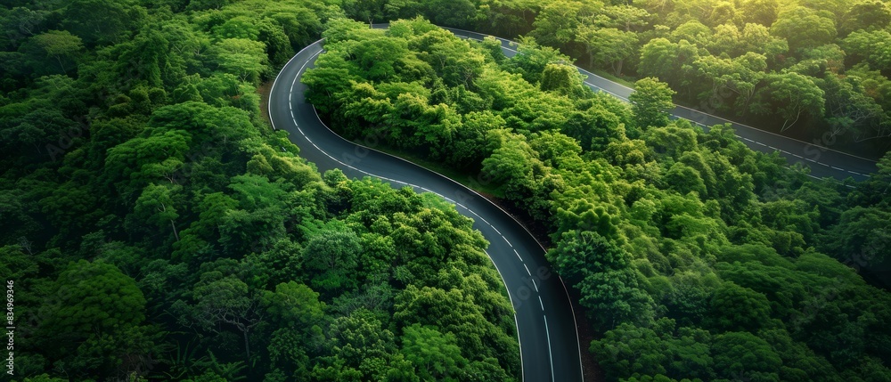 Green energy pathways through lush forest, aerial view, sustainability roadmap, winding road Green energy pathways through lush forest, aerial view, sustainability roadmap, winding road