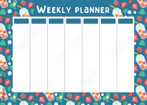 Weekly summer planner with strawberries lemonade pattern. Background for Planning of summer holidays