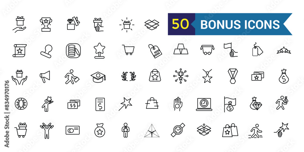 Bonus icons set. Outline set of bonus vector icons for ui design. Outline icon collection. Editable stroke. Bonus icons set. Outline set of bonus vector icons for ui design. Outline icon collection. Editable stroke.