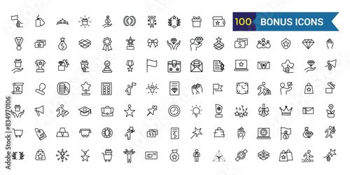 Bonus icons set. Outline set of bonus vector icons for ui design. Outline icon collection. Editable stroke.