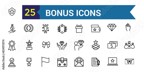 Bonus icons set. Outline set of bonus vector icons for ui design. Outline icon collection. Editable stroke.