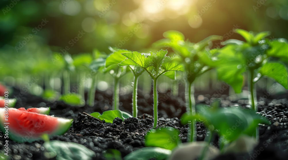 Watermelon seedlings grow on soil with tender green delicate foliage. exhibit a sense of exuberance and vigor. Generative AI. Watermelon seedlings grow on soil with tender green delicate foliage. exhibit a sense of exuberance and vigor. Generative AI.