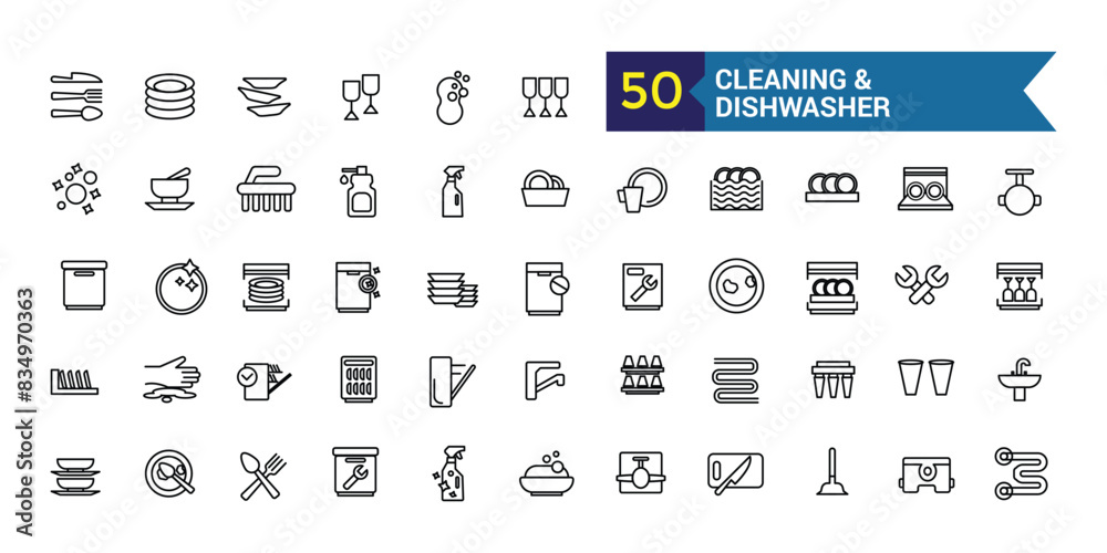 Cleaning and dishwasher icons set. Outline set of repair dishwasher vector icons for ui design. Outline icon collection. Editable stroke.