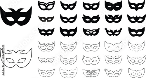 Set of Carnival masks silhouettes. Black flat icons of masquerade mask for party  parade and carnival for Mardi Gras and Halloween. Fantasy face mask elements editable stock on transparent background.