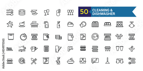 Cleaning and dishwasher icons set. Outline set of repair dishwasher vector icons for ui design. Outline icon collection. Editable stroke.