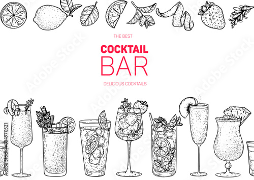 Alcoholic cocktails frame. Hand drawn vector illustration. Horizontal seamless pattern. Cocktails sketch set. Engraved style.